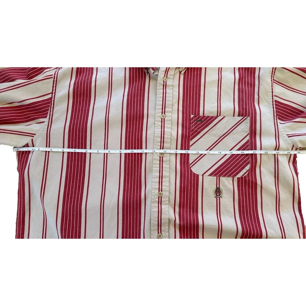 VTG Tommy Hilfiger Button Down Shirt Men's Lg Maroon Red‎ Tan Stripes Crest 90s